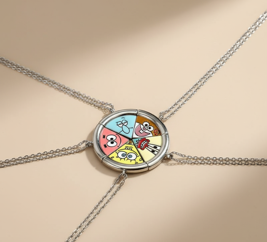 SpongeBob BFF necklace set – 5 pizza slice pendants forming a complete friendship necklace circle